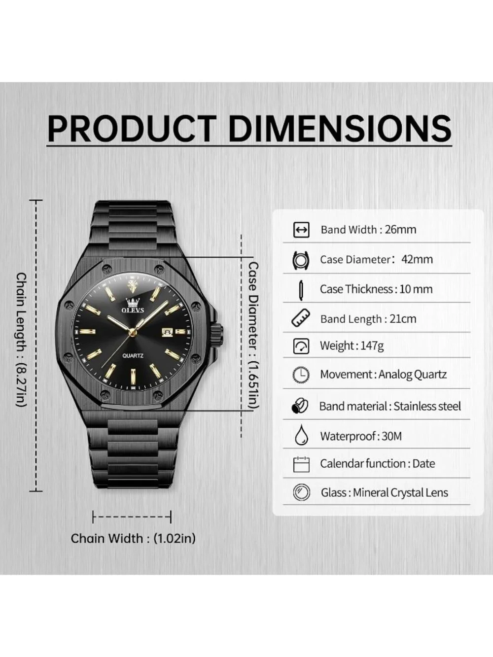 Mens Black Luxury Stainless Steel Octagon Analog Quartz Classic Waterproof Watch
